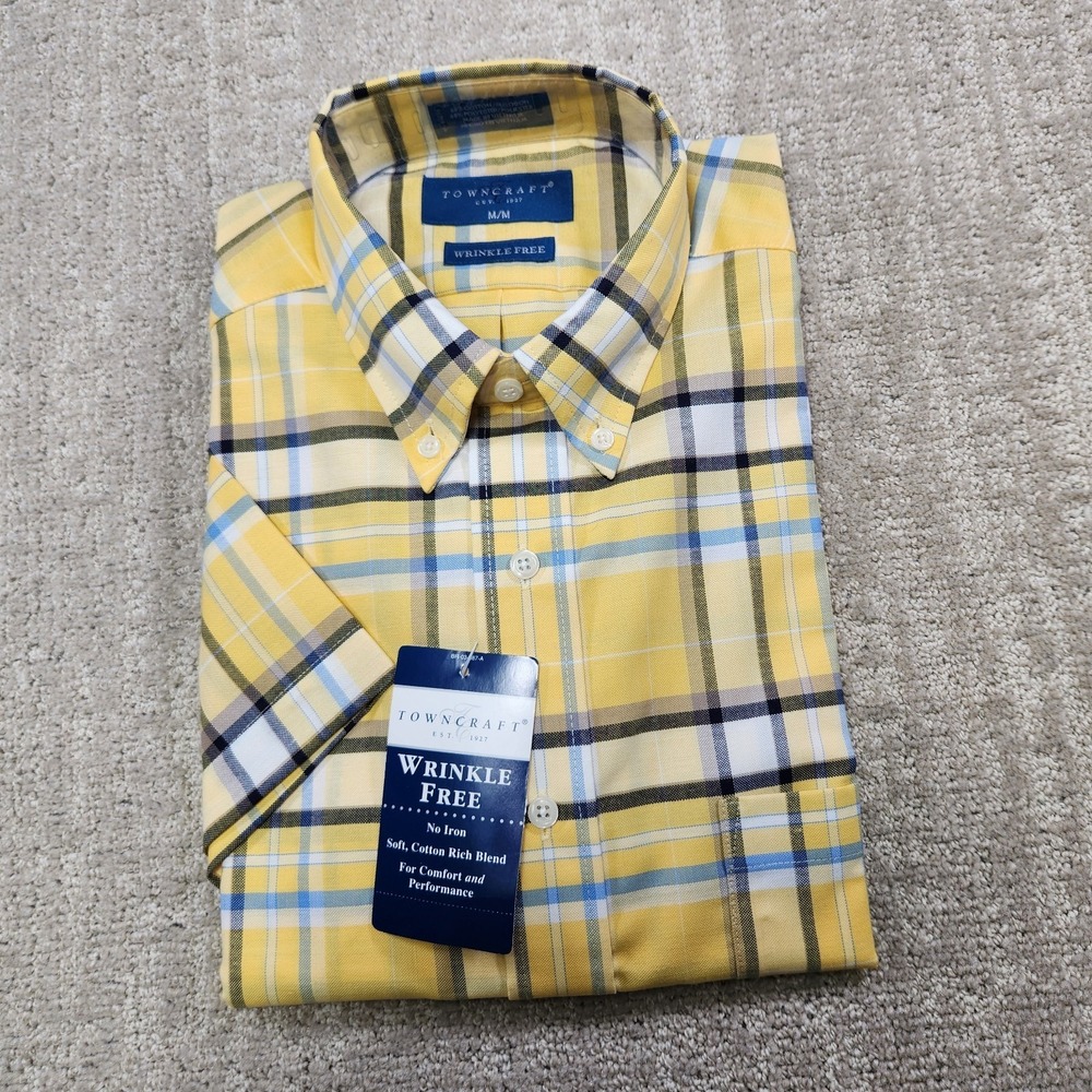 Vintage Towncraft Shirt Men Medium Short Sleeve Plaid Wrinkle Free Soft Cotton